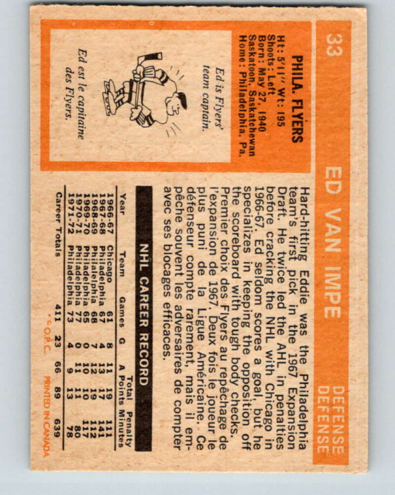 1972-73 O-Pee-Chee #33 Ed Van Impe Philadelphia Flyers V3341