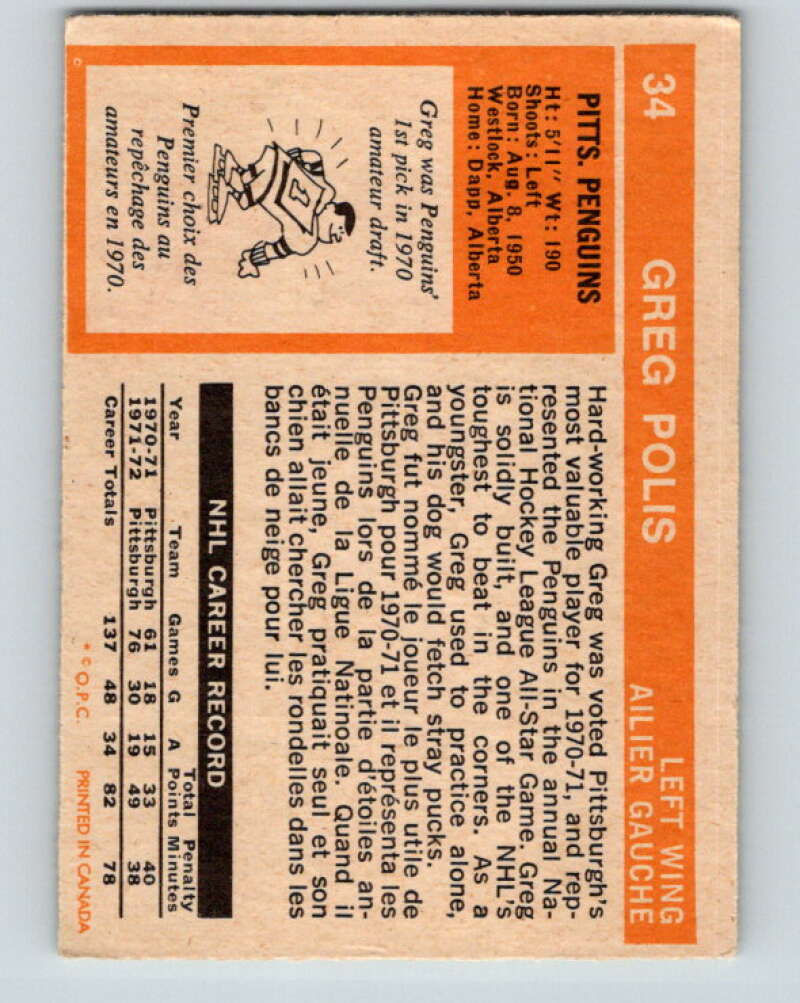 1972-73 O-Pee-Chee #34 Greg Polis Pittsburgh Penguins V3343