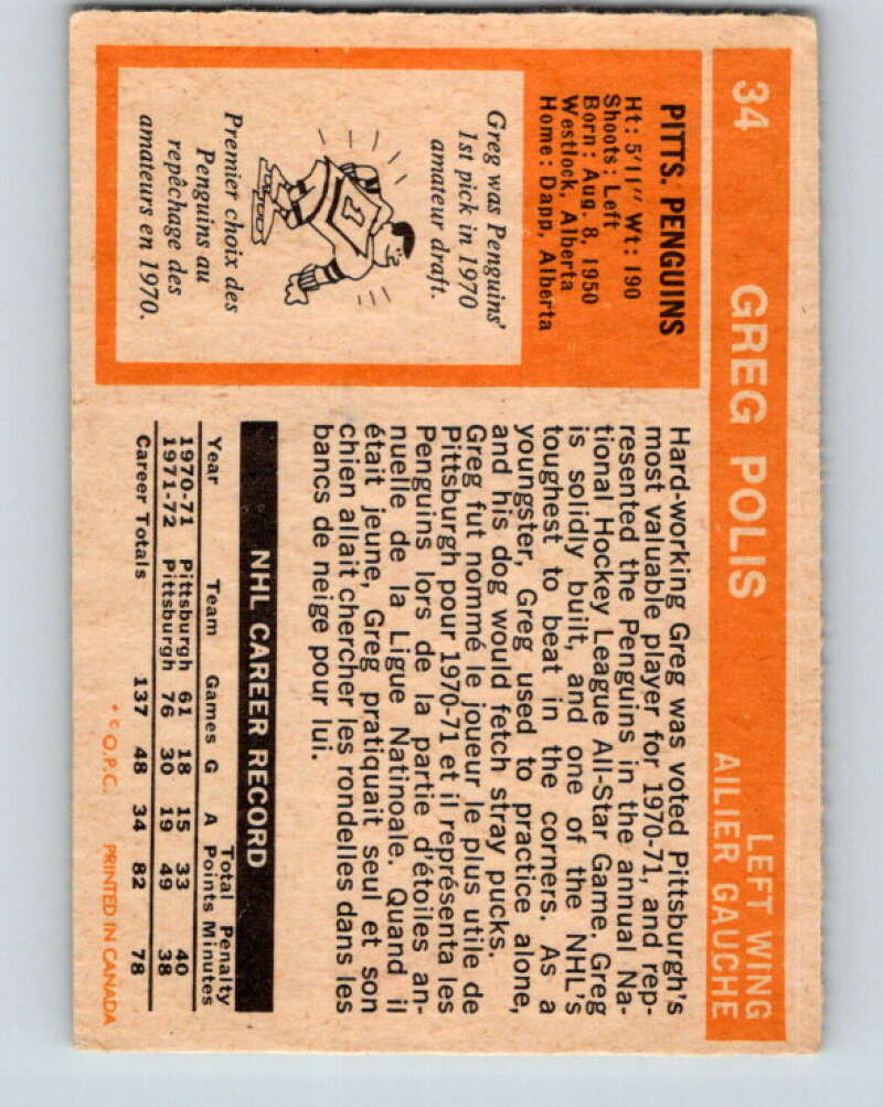 1972-73 O-Pee-Chee #34 Greg Polis Pittsburgh Penguins V3347