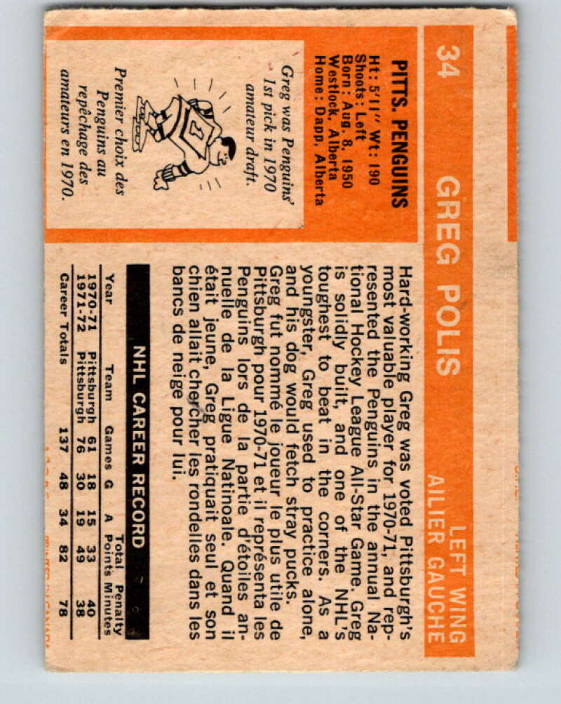 1972-73 O-Pee-Chee #34 Greg Polis Pittsburgh Penguins V3348