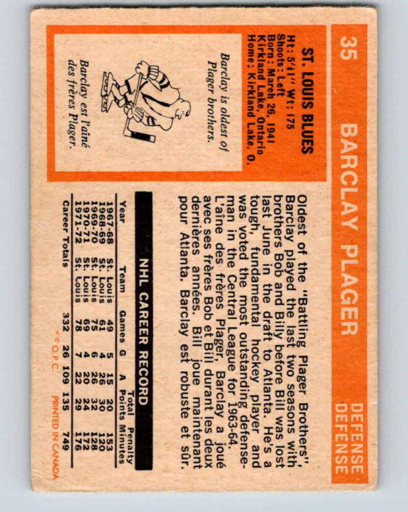 1972-73 O-Pee-Chee #35 Barclay Plager St. Louis Blues V3349