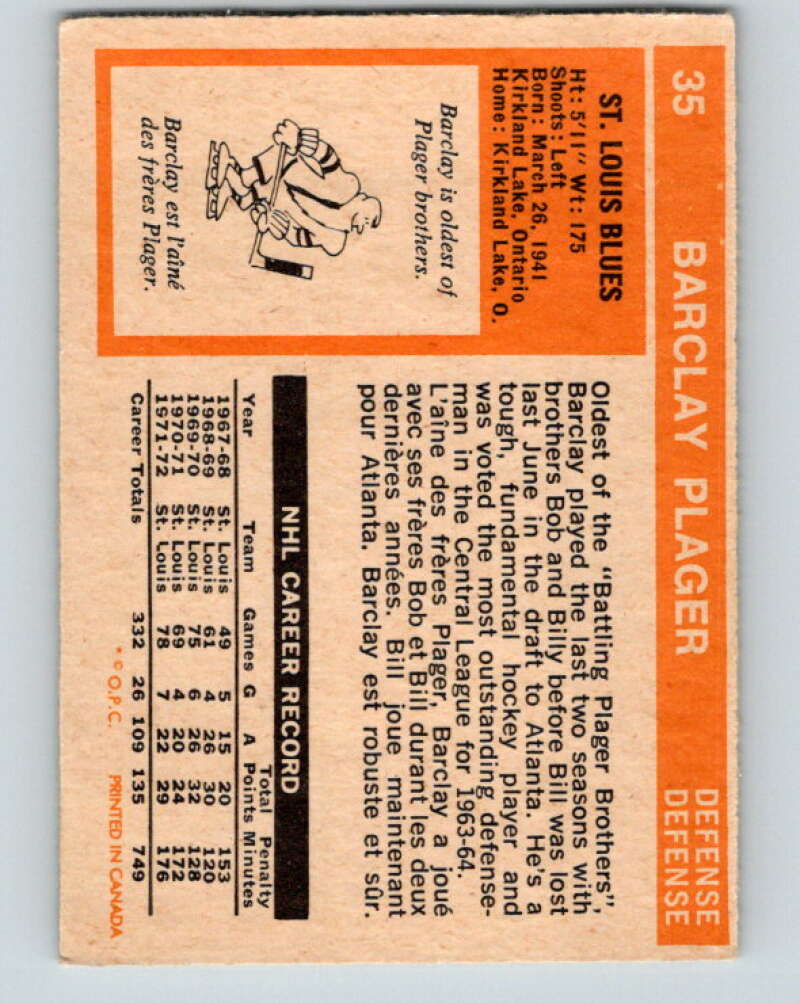 1972-73 O-Pee-Chee #35 Barclay Plager St. Louis Blues V3355