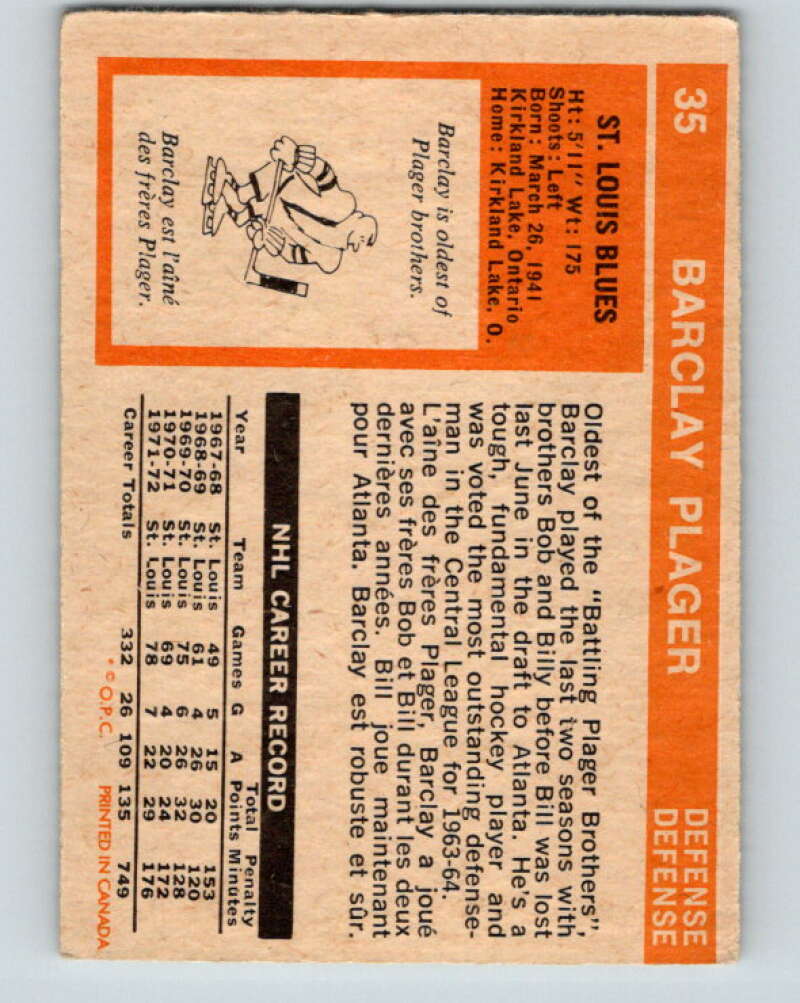 1972-73 O-Pee-Chee #35 Barclay Plager St. Louis Blues V3356