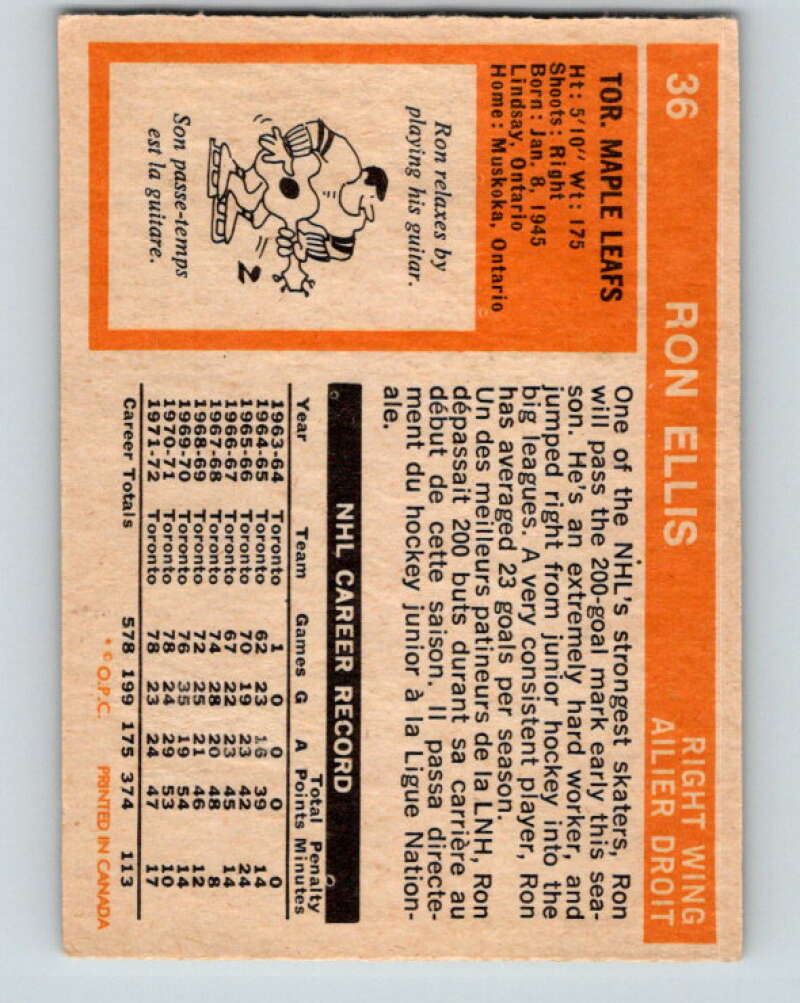 1972-73 O-Pee-Chee #36 Ron Ellis Toronto Maple Leafs V3357