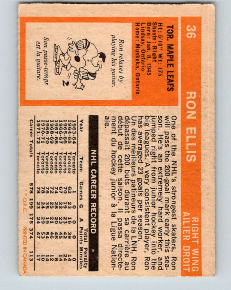 1972-73 O-Pee-Chee #36 Ron Ellis Toronto Maple Leafs V3358