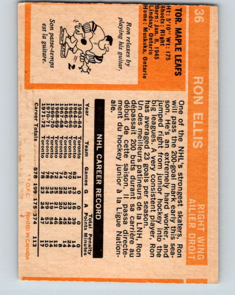 1972-73 O-Pee-Chee #36 Ron Ellis Toronto Maple Leafs V3359