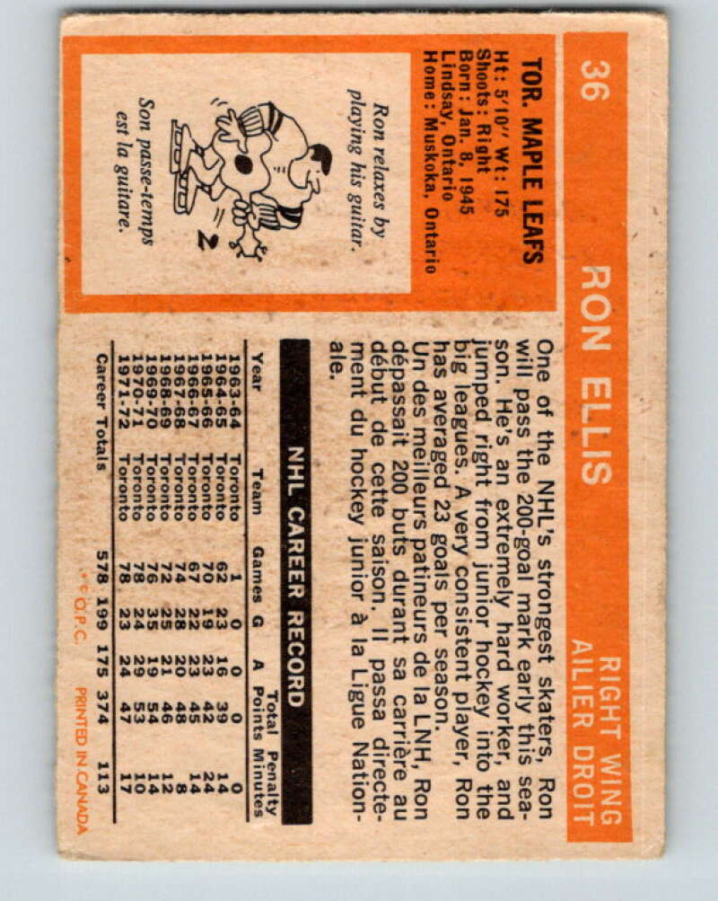 1972-73 O-Pee-Chee #36 Ron Ellis Toronto Maple Leafs V3360