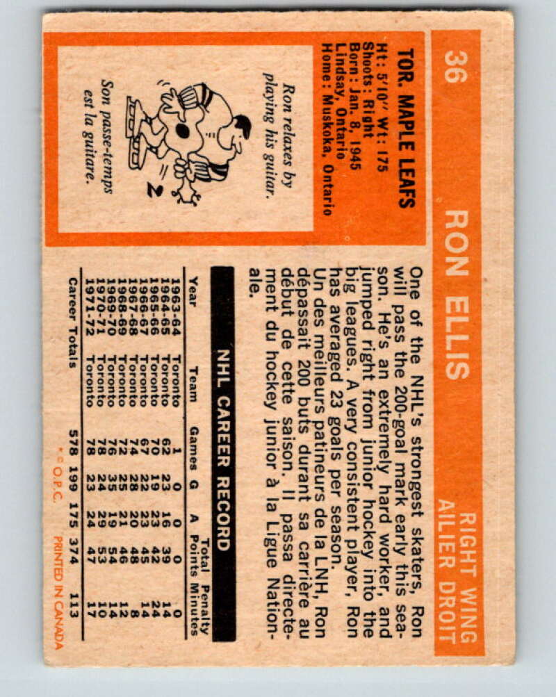 1972-73 O-Pee-Chee #36 Ron Ellis Toronto Maple Leafs V3361