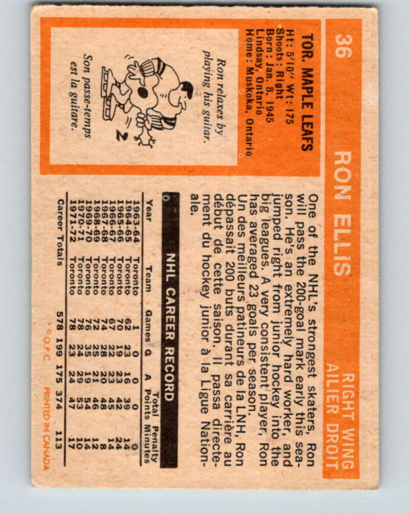 1972-73 O-Pee-Chee #36 Ron Ellis Toronto Maple Leafs V3362