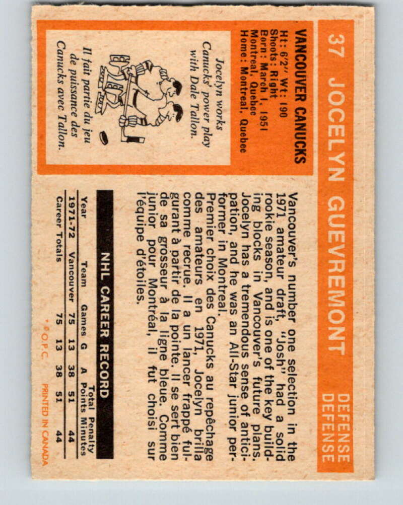 1972-73 O-Pee-Chee #37 Jocelyn Guevremont Vancouver Canucks V3363