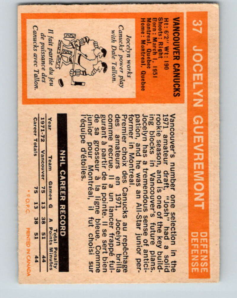 1972-73 O-Pee-Chee #37 Jocelyn Guevremont Vancouver Canucks V3364