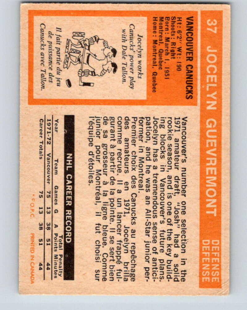 1972-73 O-Pee-Chee #37 Jocelyn Guevremont Vancouver Canucks V3365