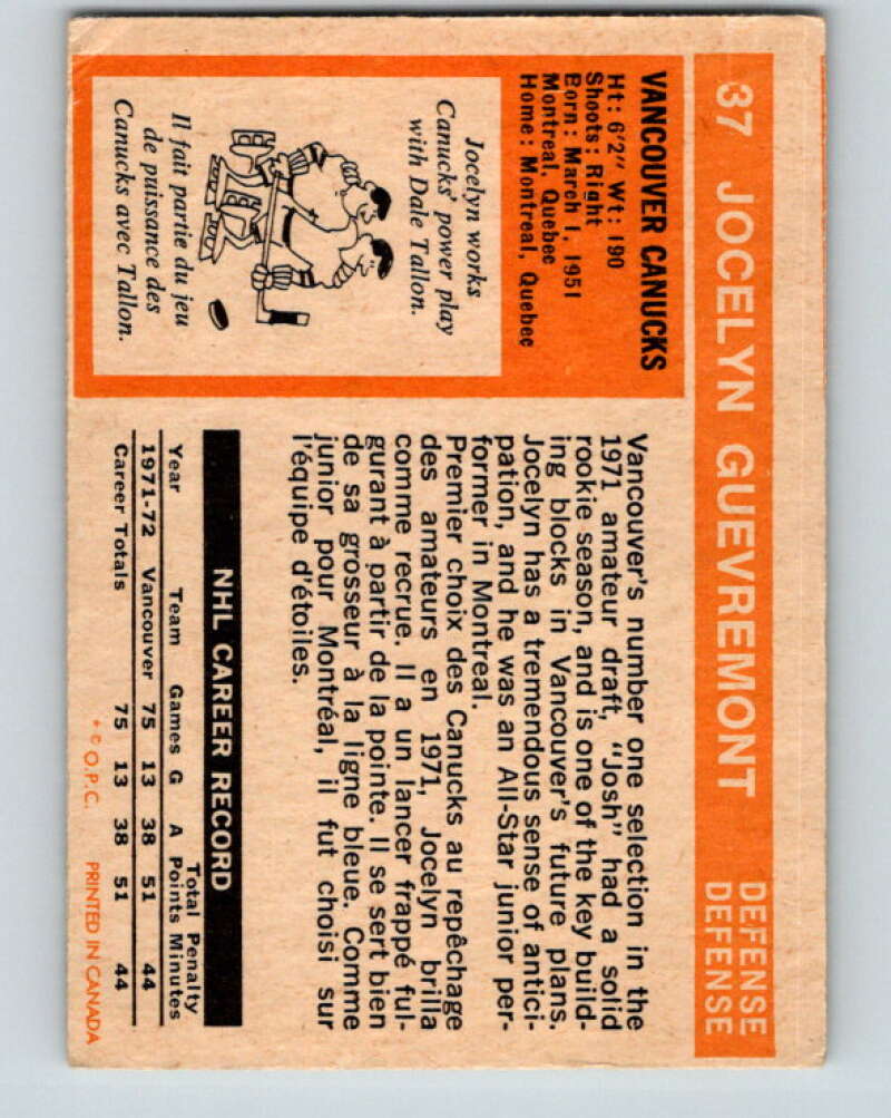 1972-73 O-Pee-Chee #37 Jocelyn Guevremont Vancouver Canucks V3366