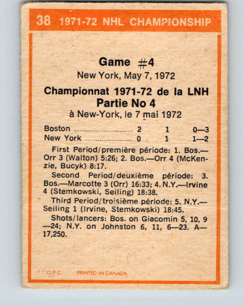 1972-73 O-Pee-Chee #38 Playoff Game 4 Boston Bruins/New York Rangers V3369