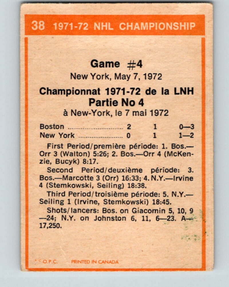 1972-73 O-Pee-Chee #38 Playoff Game 4 Boston Bruins/New York Rangers V3372