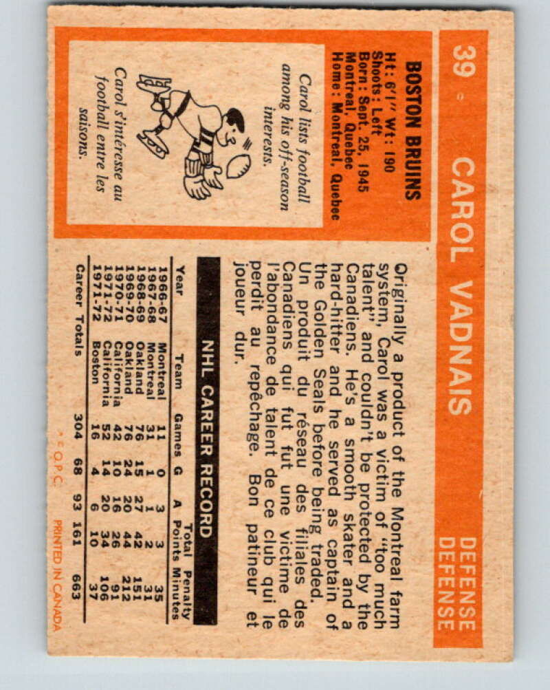 1972-73 O-Pee-Chee #39 Carol Vadnais Boston Bruins V3373