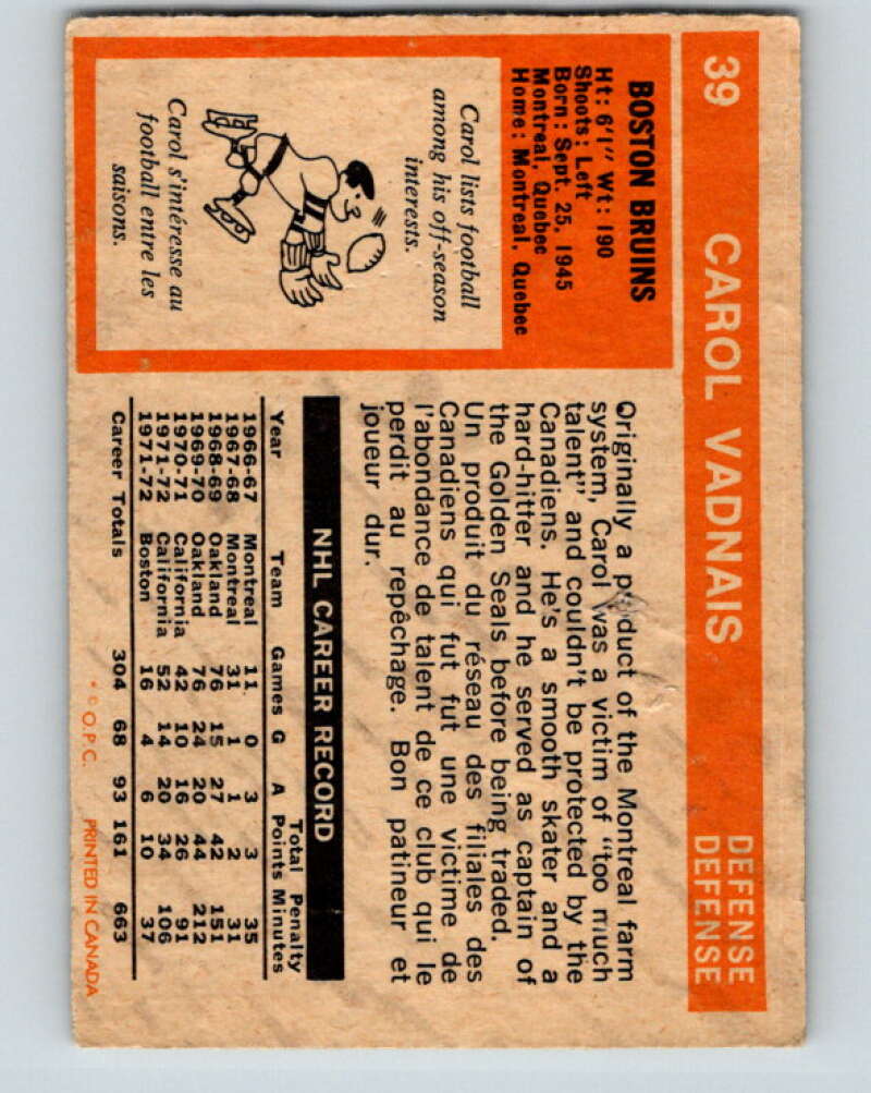 1972-73 O-Pee-Chee #39 Carol Vadnais Boston Bruins V3375