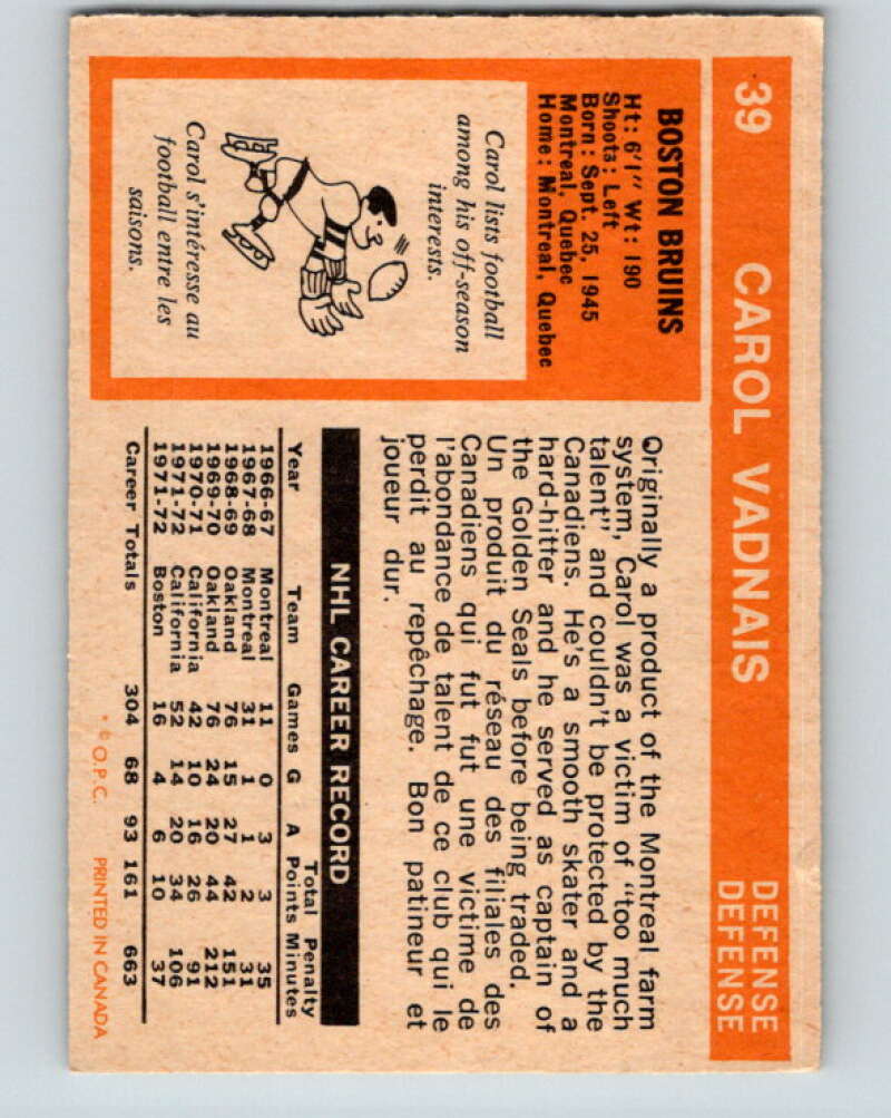 1972-73 O-Pee-Chee #39 Carol Vadnais Boston Bruins V3376