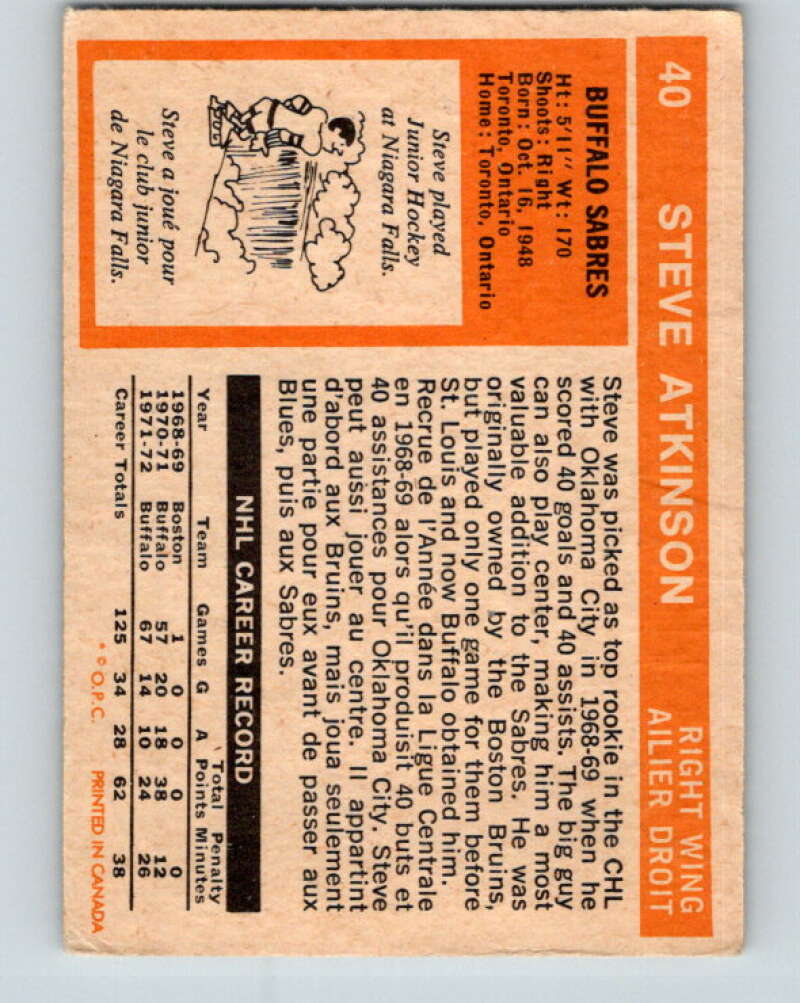 1972-73 O-Pee-Chee #40 Steve Atkinson Buffalo Sabres V3379