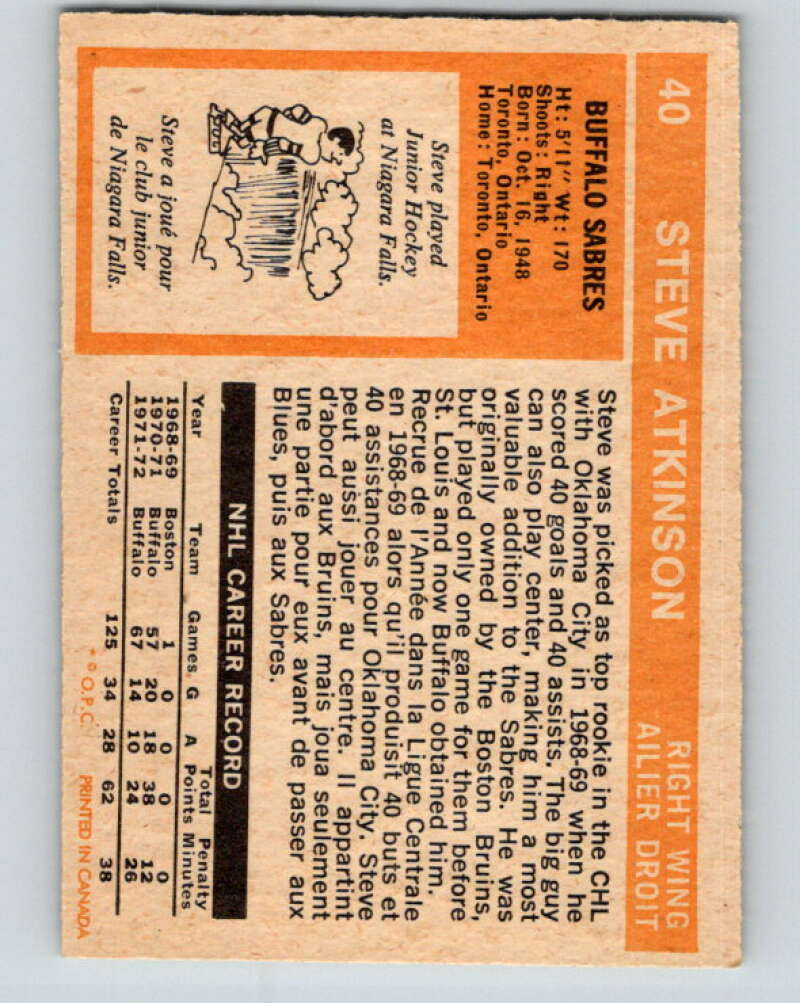 1972-73 O-Pee-Chee #40 Steve Atkinson Buffalo Sabres V3380
