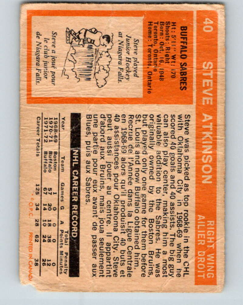 1972-73 O-Pee-Chee #40 Steve Atkinson Buffalo Sabres V3382