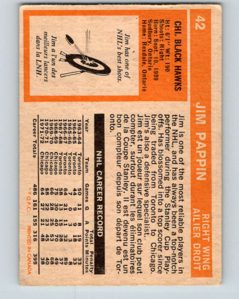 1972-73 O-Pee-Chee #42 Jim Pappin Chicago Blackhawks V3387