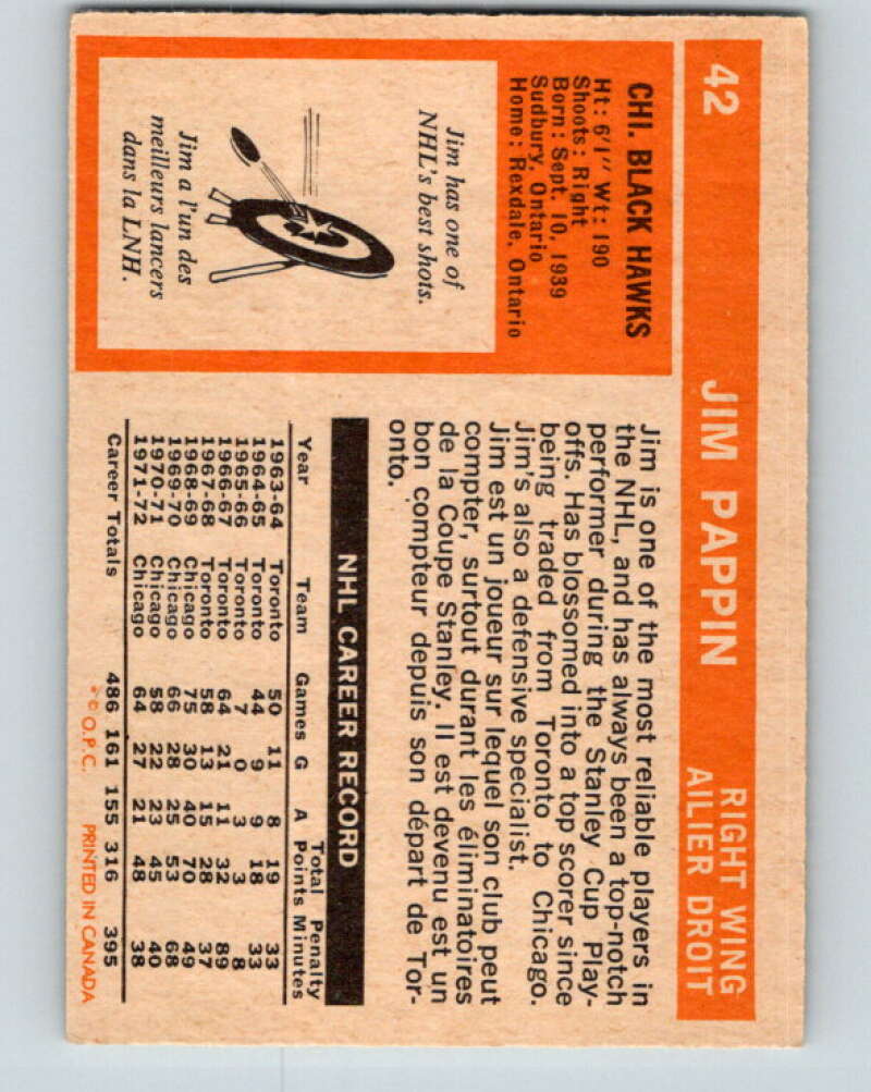 1972-73 O-Pee-Chee #42 Jim Pappin Chicago Blackhawks V3388