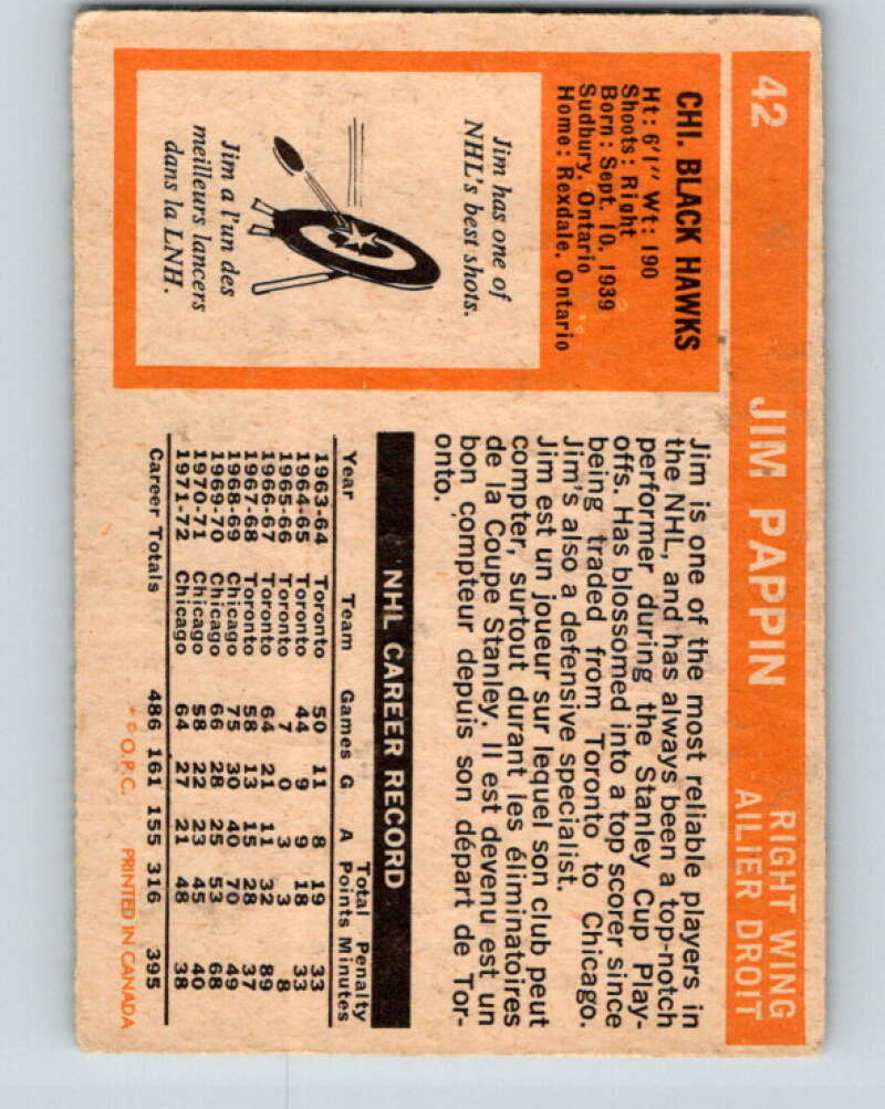 1972-73 O-Pee-Chee #42 Jim Pappin Chicago Blackhawks V3389