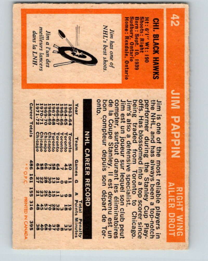 1972-73 O-Pee-Chee #42 Jim Pappin Chicago Blackhawks V3390