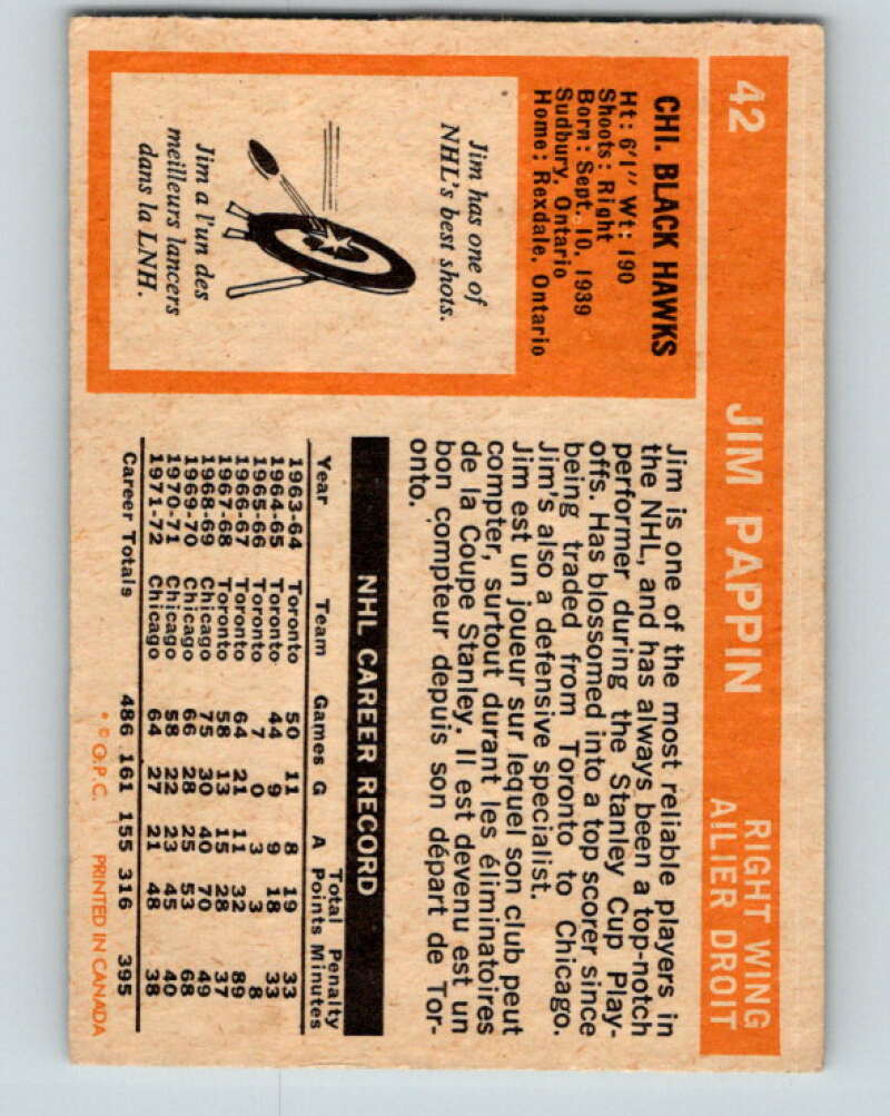 1972-73 O-Pee-Chee #42 Jim Pappin Chicago Blackhawks V3392