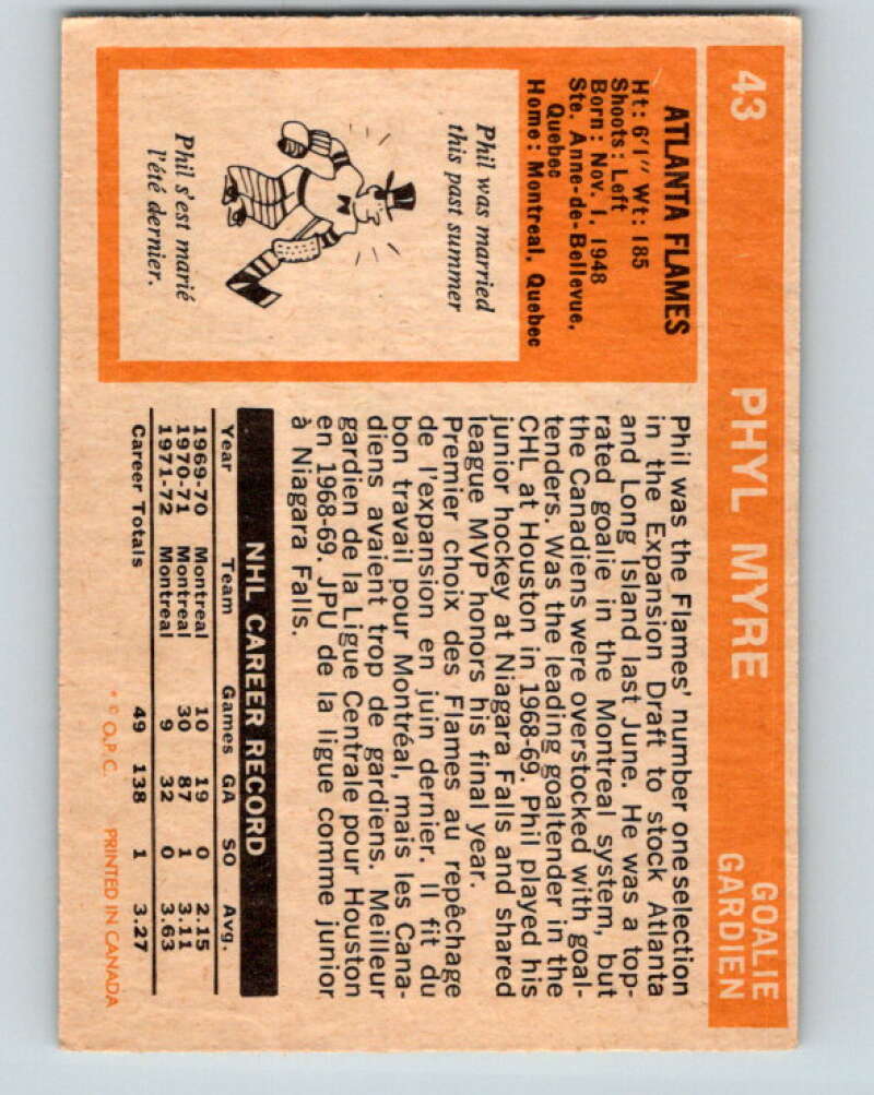 1972-73 O-Pee-Chee #43 Phil Myre RC Rookie Atlanta Flames V3395