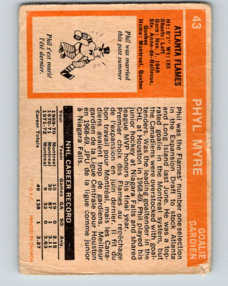 1972-73 O-Pee-Chee #43 Phil Myre RC Rookie Atlanta Flames V3396