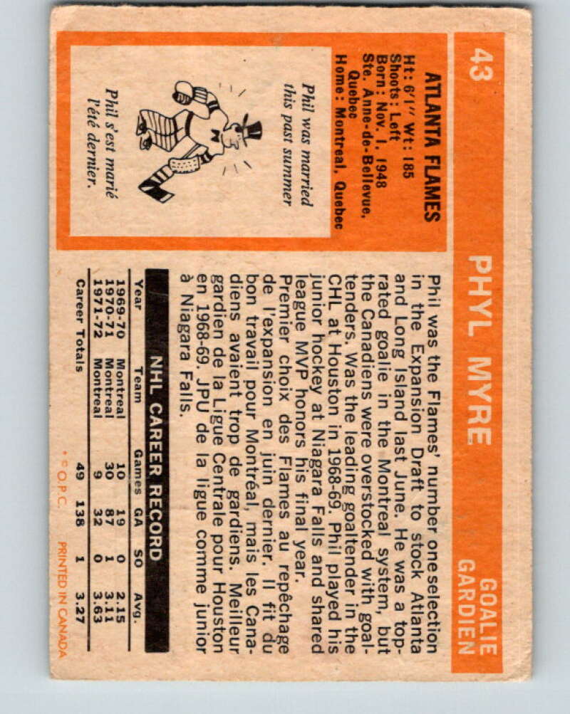 1972-73 O-Pee-Chee #43 Phil Myre RC Rookie Atlanta Flames V3397