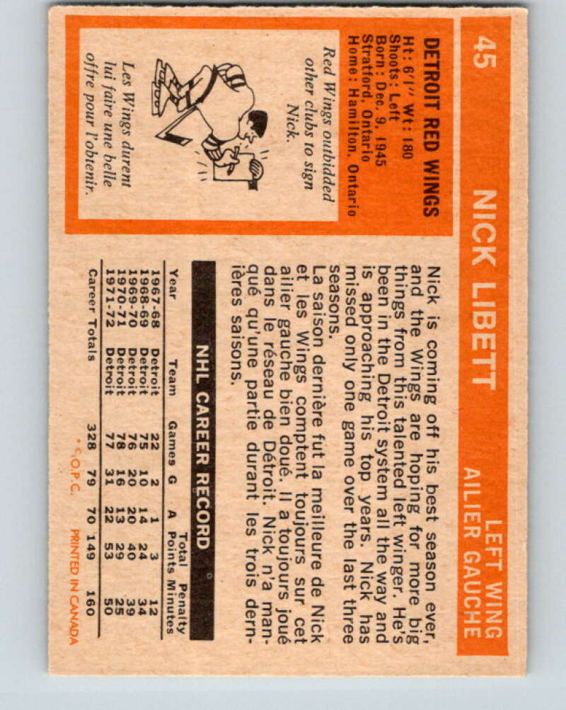 1972-73 O-Pee-Chee #45 Nick Libett Detroit Red Wings V3403