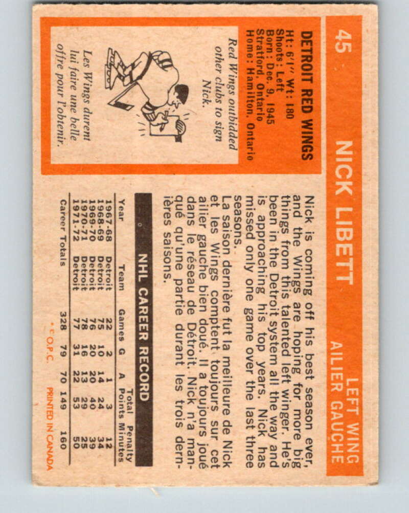 1972-73 O-Pee-Chee #45 Nick Libett Detroit Red Wings V3404