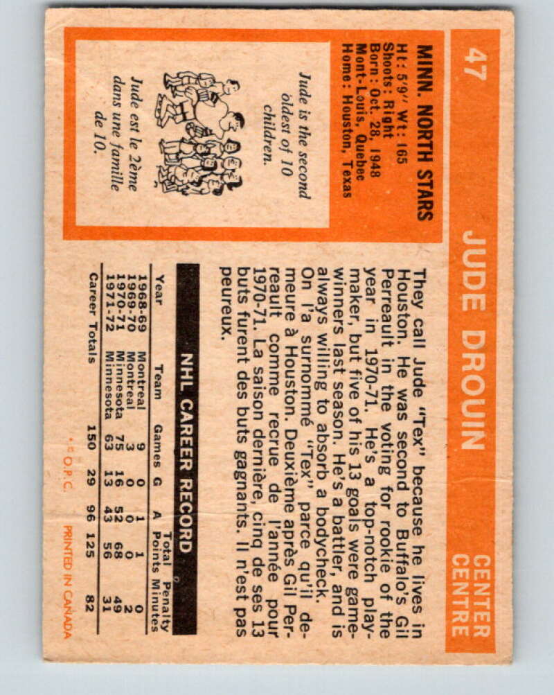 1972-73 O-Pee-Chee #47 Jude Drouin Minnesota North Stars V3413