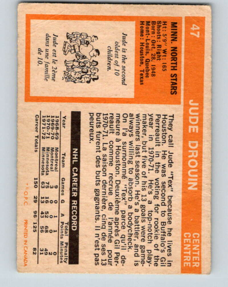 1972-73 O-Pee-Chee #47 Jude Drouin Minnesota North Stars V3424