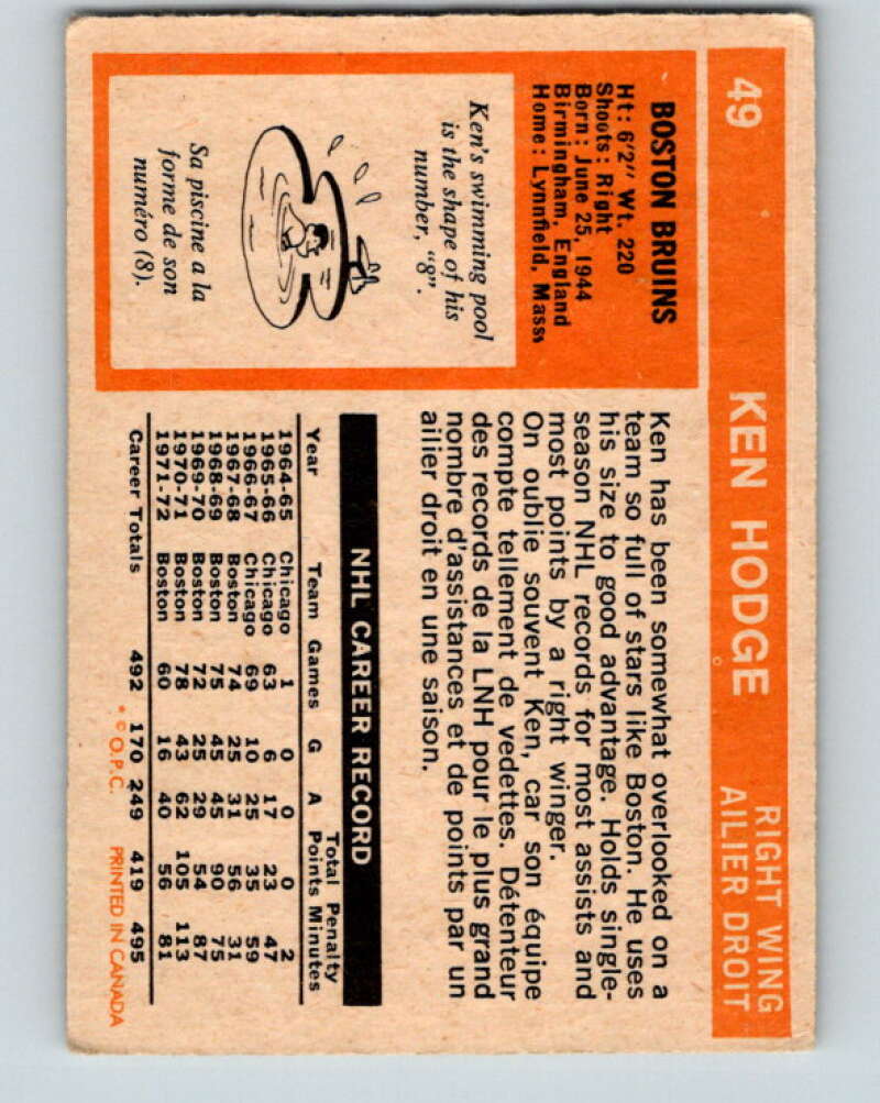 1972-73 O-Pee-Chee #49 Ken Hodge Boston Bruins V3431