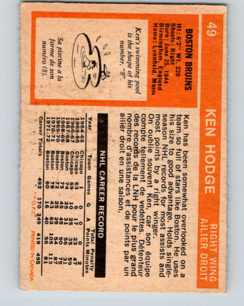 1972-73 O-Pee-Chee #49 Ken Hodge Boston Bruins V3432