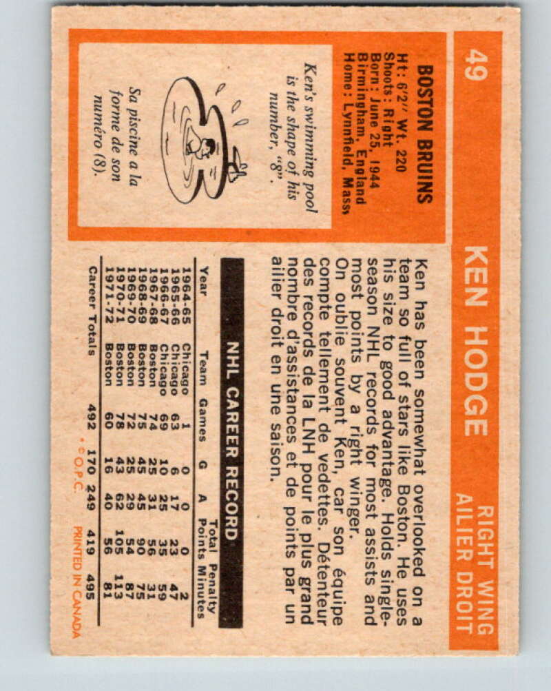 1972-73 O-Pee-Chee #49 Ken Hodge Boston Bruins V3436