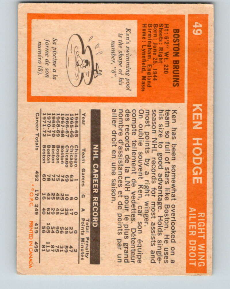 1972-73 O-Pee-Chee #49 Ken Hodge Boston Bruins V3438