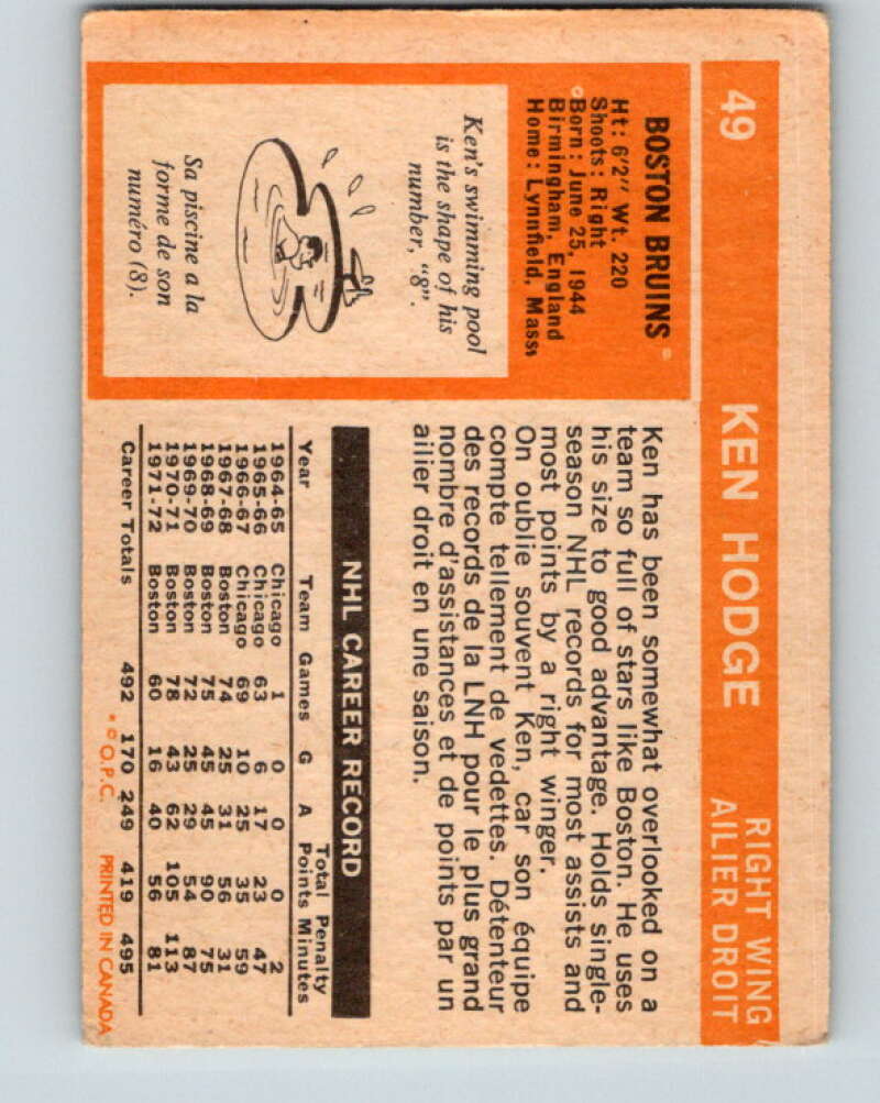 1972-73 O-Pee-Chee #49 Ken Hodge Boston Bruins V3439