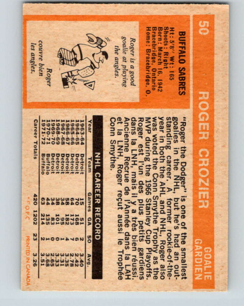 1972-73 O-Pee-Chee #50 Roger Crozier Buffalo Sabres V3442