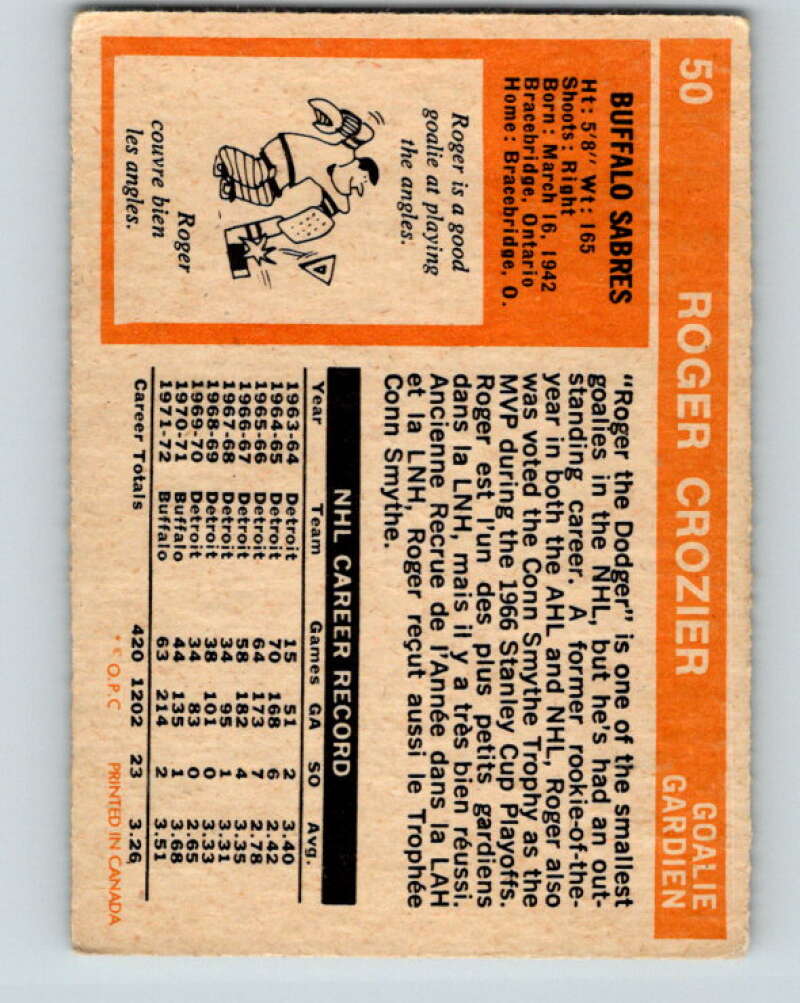 1972-73 O-Pee-Chee #50 Roger Crozier Buffalo Sabres V3444