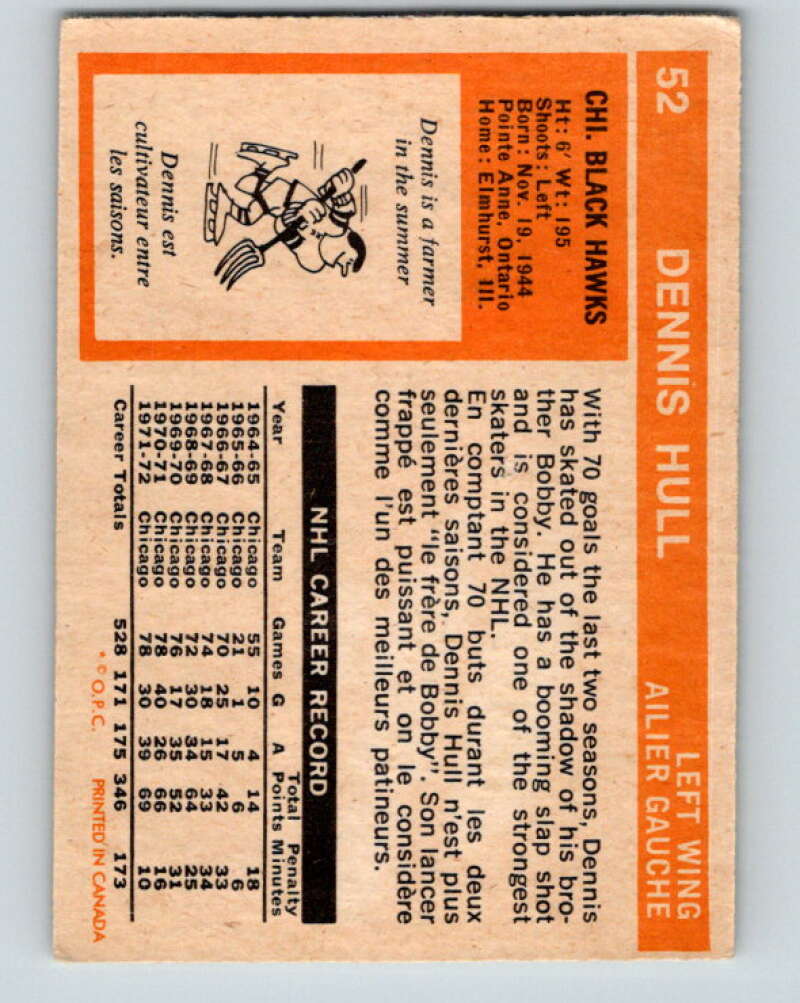 1972-73 O-Pee-Chee #52 Dennis Hull Chicago Blackhawks V3450