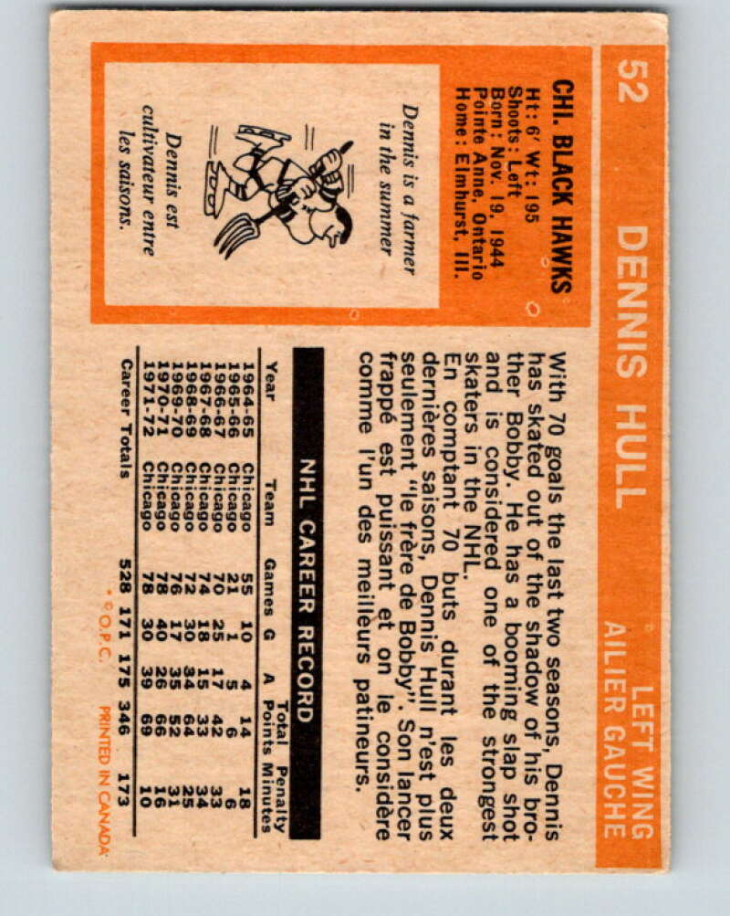 1972-73 O-Pee-Chee #52 Dennis Hull Chicago Blackhawks V3451