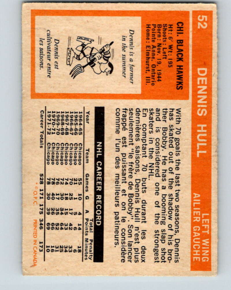 1972-73 O-Pee-Chee #52 Dennis Hull Chicago Blackhawks V3452