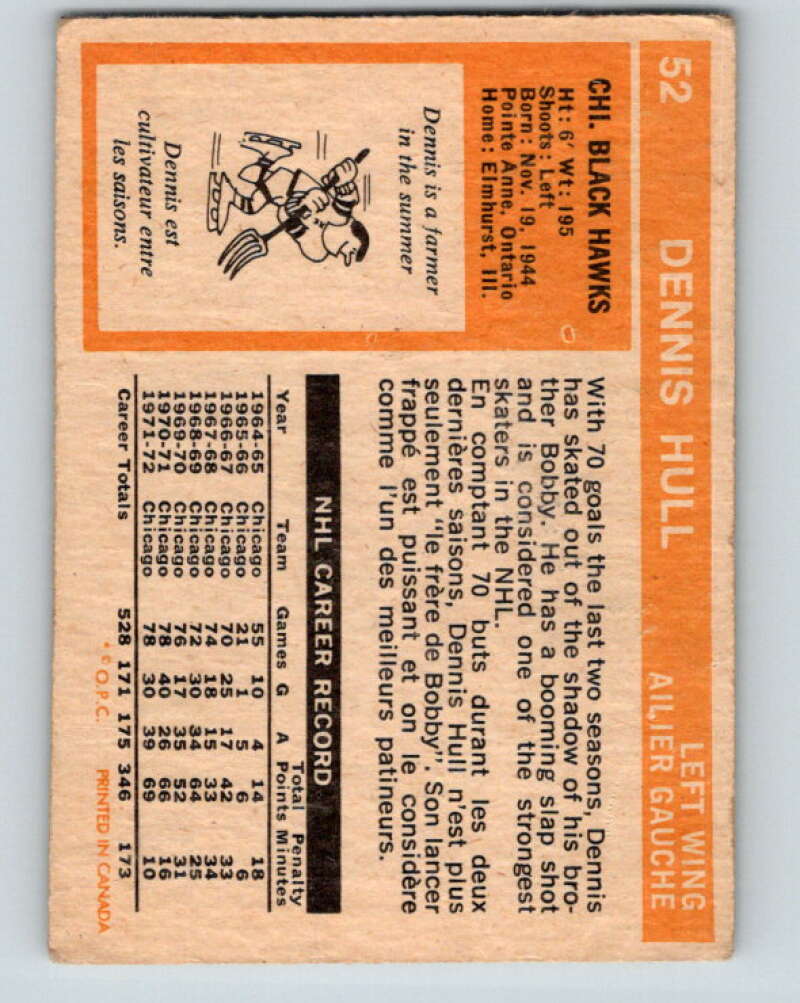 1972-73 O-Pee-Chee #52 Dennis Hull Chicago Blackhawks V3453