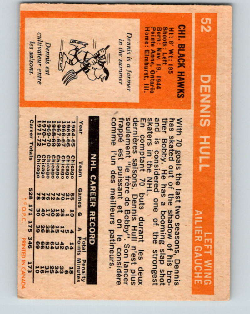 1972-73 O-Pee-Chee #52 Dennis Hull Chicago Blackhawks V3454