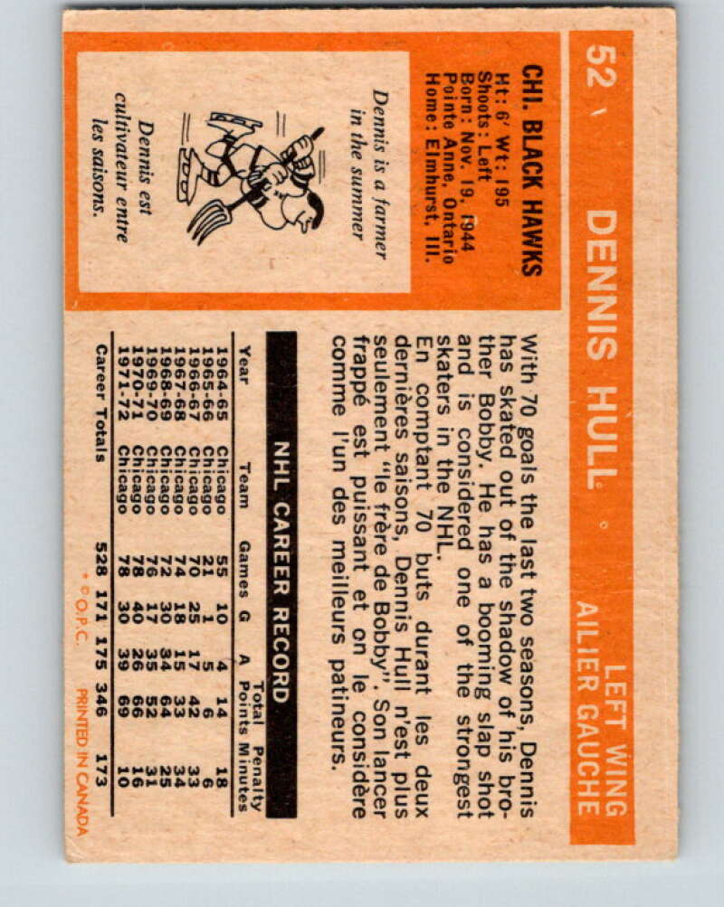 1972-73 O-Pee-Chee #52 Dennis Hull Chicago Blackhawks V3455